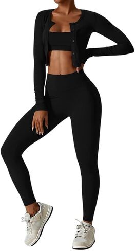 AP WARDROBE طقم يوجا أسود مكون من 3 قطع (يشمل سترة) in Kuwait