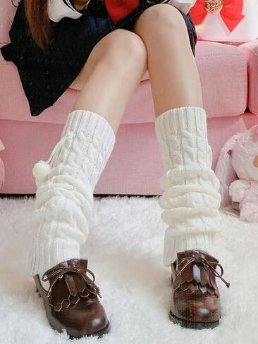 COZYEASE المرأة Kawaii تدفئة الساق بوم بوم ديكور محبوك تدفئة الساق الركبة عالية تدفئة الساق in Saudi Arabia
