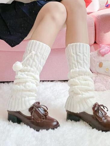 COZYEASE المرأة Kawaii تدفئة الساق بوم بوم ديكور محبوك تدفئة الساق الركبة عالية تدفئة الساق in Saudi Arabia