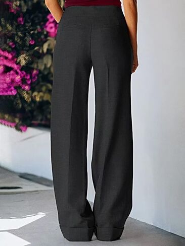 Flamingals Women's Solid Buttoned Detail Wide Leg Pants Mid Waist Casual Pants Soft in Saudi Arabia