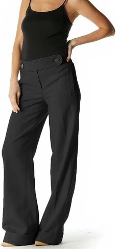 Flamingals Women's Solid Buttoned Detail Wide Leg Pants Mid Waist Casual Pants Soft in Saudi Arabia