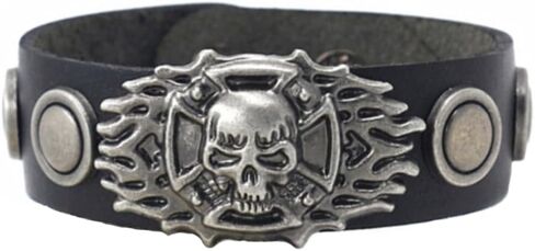 Berné Black Leather Skull Bracelet for Mens Boys Teens, Real Boho Leather Stainless with Steel Ornaments 21mm Wide Punk Biker Motorcycle Wrap Wristband Bracelet in Kuwait
