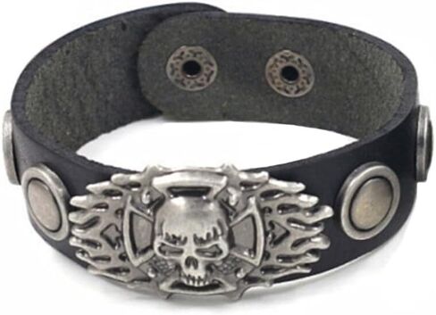 Berné Black Leather Skull Bracelet for Mens Boys Teens, Real Boho Leather Stainless with Steel Ornaments 21mm Wide Punk Biker Motorcycle Wrap Wristband Bracelet in Kuwait