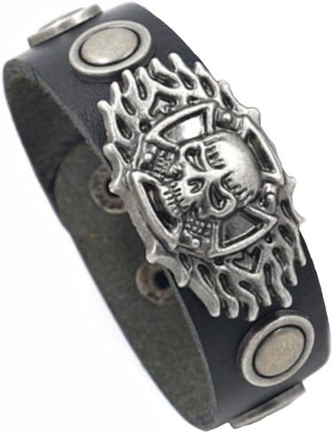 Berné Black Leather Skull Bracelet for Mens Boys Teens, Real Boho Leather Stainless with Steel Ornaments 21mm Wide Punk Biker Motorcycle Wrap Wristband Bracelet in Kuwait