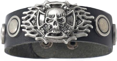 Berné Black Leather Skull Bracelet for Mens Boys Teens, Real Boho Leather Stainless with Steel Ornaments 21mm Wide Punk Biker Motorcycle Wrap Wristband Bracelet in Kuwait