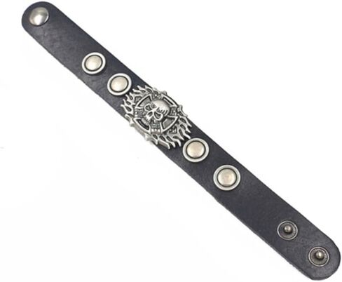 Berné Black Leather Skull Bracelet for Mens Boys Teens, Real Boho Leather Stainless with Steel Ornaments 21mm Wide Punk Biker Motorcycle Wrap Wristband Bracelet in Kuwait