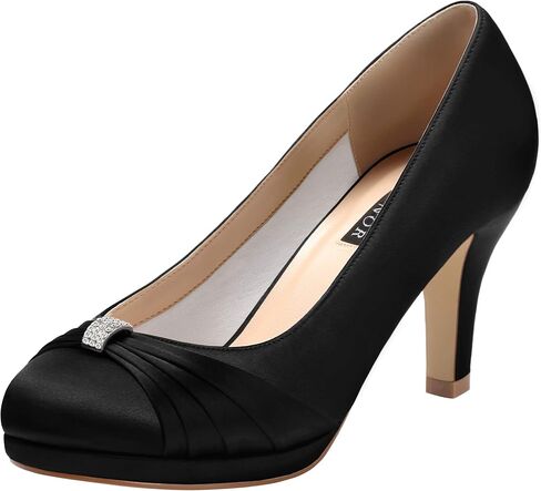 ERIJUNOR Women Comfortable Mid Heel Pumps Closed Toe Rhinestones Brooch Satin Evening Prom Wedding Shoes in Kuwait