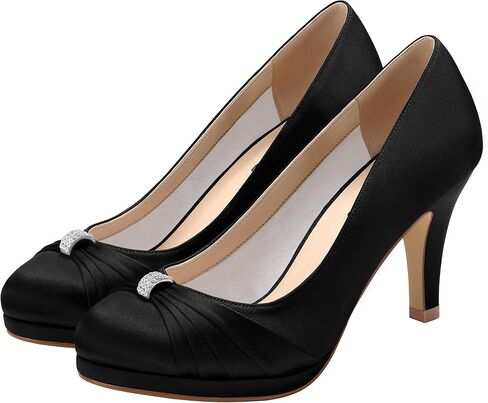 ERIJUNOR Women Comfortable Mid Heel Pumps Closed Toe Rhinestones Brooch Satin Evening Prom Wedding Shoes in Kuwait