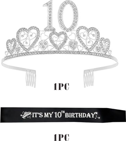 وشاح وتاج عيد الميلاد العاشر من VeryMerryMakering للفتيات - وشاح لامع رائع + تاج معدني فاخر من حجر الراين على شكل قلوب للفتيات، هدايا عيد الميلاد العاشر لحفلة الأميرة in Kuwait