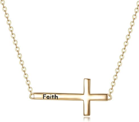 sisgem 14k الذهب قلادة الصليب جانبية للنساء، الذهب الأصفر لذيذ محفورة الإيمان جانبية الصليب قلادة قلادة مجوهرات قابل للتعديل لها، 14 "-17" in Saudi Arabia