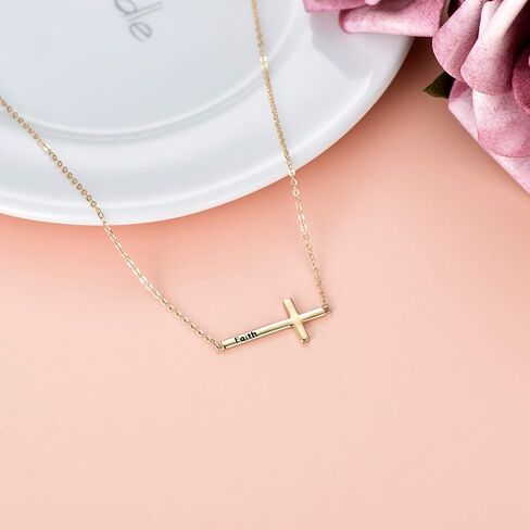 sisgem 14k الذهب قلادة الصليب جانبية للنساء، الذهب الأصفر لذيذ محفورة الإيمان جانبية الصليب قلادة قلادة مجوهرات قابل للتعديل لها، 14 "-17" in Saudi Arabia