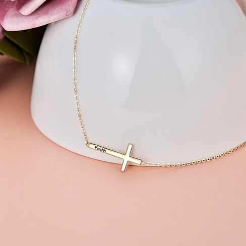 sisgem 14k الذهب قلادة الصليب جانبية للنساء، الذهب الأصفر لذيذ محفورة الإيمان جانبية الصليب قلادة قلادة مجوهرات قابل للتعديل لها، 14 "-17" in Saudi Arabia