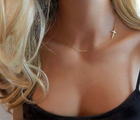 sisgem 14k الذهب قلادة الصليب جانبية للنساء، الذهب الأصفر لذيذ محفورة الإيمان جانبية الصليب قلادة قلادة مجوهرات قابل للتعديل لها، 14 "-17" in Saudi Arabia