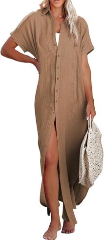 Herseas Womens Casual Short Sleeve Button Down Dress Side Split Long Kimonos Cardigans Swimsuit Cover Ups Beach Dress in Kuwait