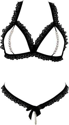 GORGLITTER Women's 2 Piece Sexy Lingerie Set Pearls Beaded Cut Out Halter Neck Lace Bralettes and Thongs in Saudi Arabia