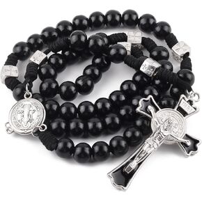 Luomu حبات المسبحة الخشبية السوداء مع خرز سانت بنديكت المعدني وقلادة مسبحة مع ميدالية وصليب للرجال in Kuwait