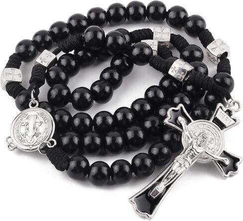 Luomu حبات المسبحة الخشبية السوداء مع خرز سانت بنديكت المعدني وقلادة مسبحة مع ميدالية وصليب للرجال in Kuwait