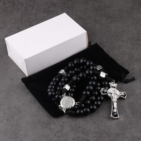 Luomu حبات المسبحة الخشبية السوداء مع خرز سانت بنديكت المعدني وقلادة مسبحة مع ميدالية وصليب للرجال in Kuwait