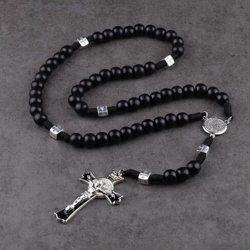 Luomu حبات المسبحة الخشبية السوداء مع خرز سانت بنديكت المعدني وقلادة مسبحة مع ميدالية وصليب للرجال in Kuwait