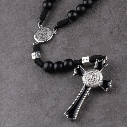 Luomu حبات المسبحة الخشبية السوداء مع خرز سانت بنديكت المعدني وقلادة مسبحة مع ميدالية وصليب للرجال in Kuwait