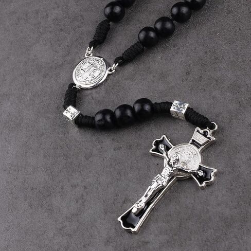 Luomu حبات المسبحة الخشبية السوداء مع خرز سانت بنديكت المعدني وقلادة مسبحة مع ميدالية وصليب للرجال in Kuwait