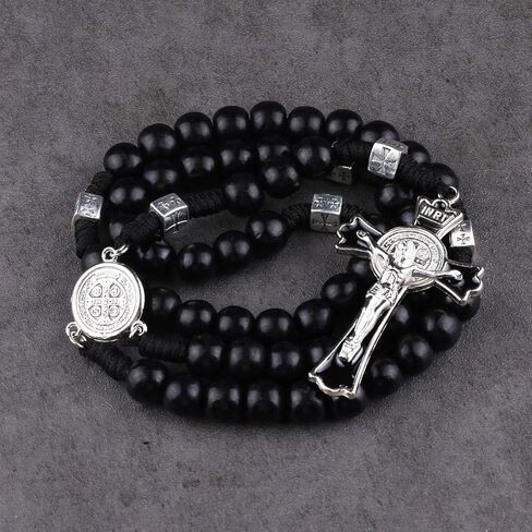 Luomu حبات المسبحة الخشبية السوداء مع خرز سانت بنديكت المعدني وقلادة مسبحة مع ميدالية وصليب للرجال in Kuwait