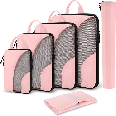 مكعبات التعبئة المضغوطة، 6 مجموعات من مكعبات التعبئة لحقائب السفر، مجموعة حقائب تنظيم حقائب الضغط لأساسيات السفر، مكعبات سفر خفيفة الوزن وإكسسوارات السفر (وردي فاتح) in Kuwait