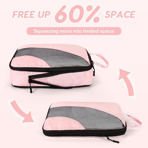 مكعبات التعبئة المضغوطة، 6 مجموعات من مكعبات التعبئة لحقائب السفر، مجموعة حقائب تنظيم حقائب الضغط لأساسيات السفر، مكعبات سفر خفيفة الوزن وإكسسوارات السفر (وردي فاتح) in Kuwait
