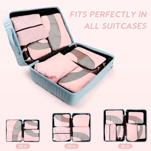 مكعبات التعبئة المضغوطة، 6 مجموعات من مكعبات التعبئة لحقائب السفر، مجموعة حقائب تنظيم حقائب الضغط لأساسيات السفر، مكعبات سفر خفيفة الوزن وإكسسوارات السفر (وردي فاتح) in Kuwait
