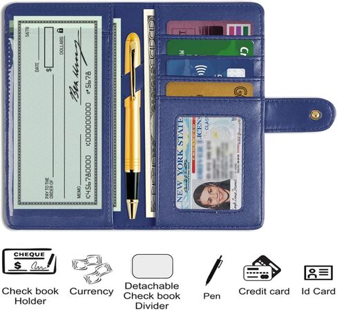 غطاء دفتر شيكات نحيف من LOLOMLO مع إغلاق سريع للشيكات المكررة والتسجيل، حافظة دفتر شيكات RFID مع 4 فتحات لبطاقة الائتمان وغطاء مقسم مجاني، محفظة حامل دفاتر الشيكات من جلد البولي يوريثان للرجال والنساء، أزرق داكن in Kuwait