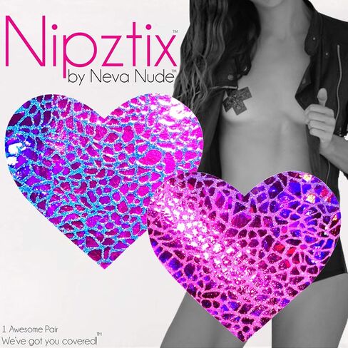 أغطية حلمات Neva Nude UV Eragon Holographic I Heart U Nipztix Pasties للمهرجانات والحفلات والملابس الداخلية والمزيد، لاصق من الدرجة الطبية، مقاوم للماء والعرق، صنع في الولايات المتحدة الأمريكية in Saudi Arabia