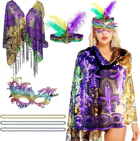 Edussy Mardi Gras Outfit Set - Mardi Gras Classic Costumes including Headband, Shawl, Mask, and Beaded Necklace Accessories for Women in Kuwait