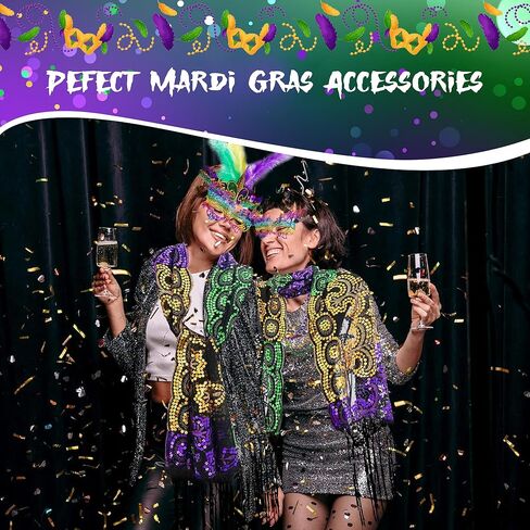 Edussy Mardi Gras Outfit Set - Mardi Gras Classic Costumes including Headband, Shawl, Mask, and Beaded Necklace Accessories for Women in Kuwait