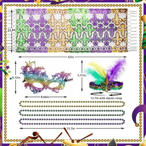 Edussy Mardi Gras Outfit Set - Mardi Gras Classic Costumes including Headband, Shawl, Mask, and Beaded Necklace Accessories for Women in Kuwait