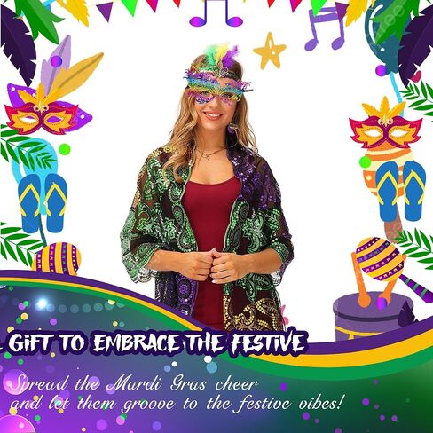 Edussy Mardi Gras Outfit Set - Mardi Gras Classic Costumes including Headband, Shawl, Mask, and Beaded Necklace Accessories for Women in Kuwait