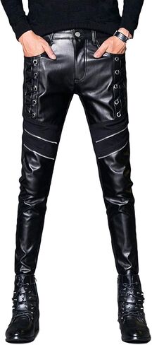 بنطال Idopy رجالي من الجلد الصناعي ذو مقاس نحيف مناسب لحفلات المسرح باللون الأسود in Saudi Arabia