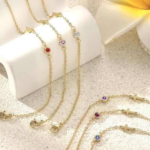 Birthstone Cross Bracelet for Women Birthday Gifts for Teen Girls Dainty 14K Gold Plated Cross Birthstone Adjustable Bracelets Religious Christian Jewelry for Women Stocking Stuffer in Saudi Arabia