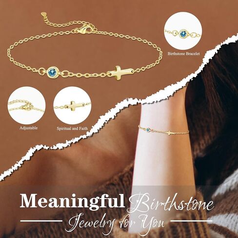 Birthstone Cross Bracelet for Women Birthday Gifts for Teen Girls Dainty 14K Gold Plated Cross Birthstone Adjustable Bracelets Religious Christian Jewelry for Women Stocking Stuffer in Saudi Arabia
