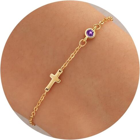 Birthstone Cross Bracelet for Women Birthday Gifts for Teen Girls Dainty 14K Gold Plated Cross Birthstone Adjustable Bracelets Religious Christian Jewelry for Women Stocking Stuffer in Saudi Arabia