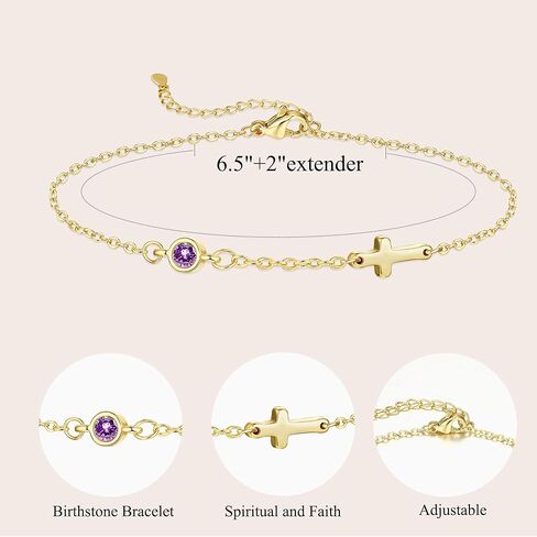 Birthstone Cross Bracelet for Women Birthday Gifts for Teen Girls Dainty 14K Gold Plated Cross Birthstone Adjustable Bracelets Religious Christian Jewelry for Women Stocking Stuffer in Saudi Arabia