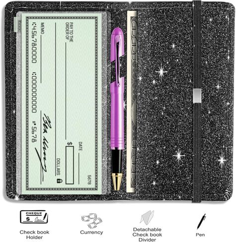 غطاء دفتر الشيكات اللامع من LOLOMLO للفتيات والنساء، مصنوع من جلد البولي يوريثان اللامع RFID الذي يحجب سجل الشيكات الوظيفي القياسي مع حامل قلم وحزام مطاطي لفحص الجزء العلوي والجانبي، وردي in Kuwait