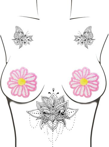 أغطية حلمات Neva Nude Sequin Daisy Nipztix للمهرجانات، والحفلات، والملابس الداخلية والمزيد، لاصق من الدرجة الطبية، مقاوم للماء والعرق، صنع في الولايات المتحدة الأمريكية in Kuwait