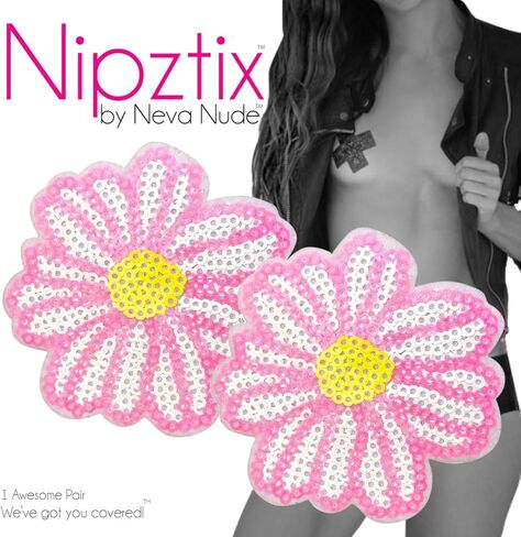 أغطية حلمات Neva Nude Sequin Daisy Nipztix للمهرجانات، والحفلات، والملابس الداخلية والمزيد، لاصق من الدرجة الطبية، مقاوم للماء والعرق، صنع في الولايات المتحدة الأمريكية in Kuwait