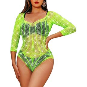 LUCKELF Long Sleeve Fishnet Bodysuit for Women Sexy Lingerie with Sparkle Rhinestone Backless Top Underwear in Kuwait
