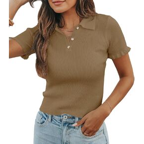 Womens Short Sleeve Sweater Tops V Neck Button Collared Ribbed Knit Pullover Shirt Slim Cropped Fall Blouse Tee