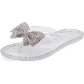 Shoe Land SUMMER Women Rhinestone Bowtie Flip Flops Jelly Thong Sandals Rubber Flat Beach Rain Shoes