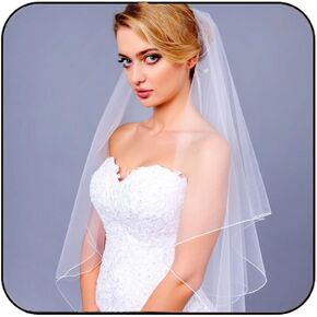 Latious 2 Tier Bride Wedding Veil Elbow Length Short Bridal Tulle Veils Ribbon Edge Veils with Comb for Brides and Women (White) in Kuwait