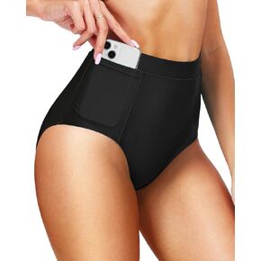 Tempt Me Women's High Waisted Bikini Bottom Full Coverage Tummy Control Swimusuit Bottom with Pockets