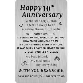 Ptzizi Happy 10th Anniversary Card Gifts for Him Husband, 10 Ten Year Wedding Anniversary Cards Gift for Men, Romantic Engraved Metal Wallet Insert in Kuwait