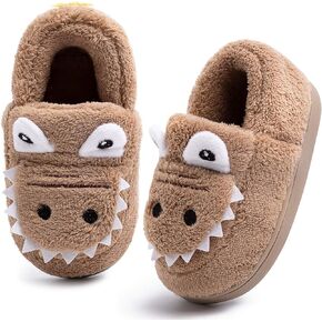 techcity Boys Girls Warm Fleece Slippers Dinosaur House Slippers Cute Animal Fluffy Plush Slip On for Kids Winter Indoor Home Shoes